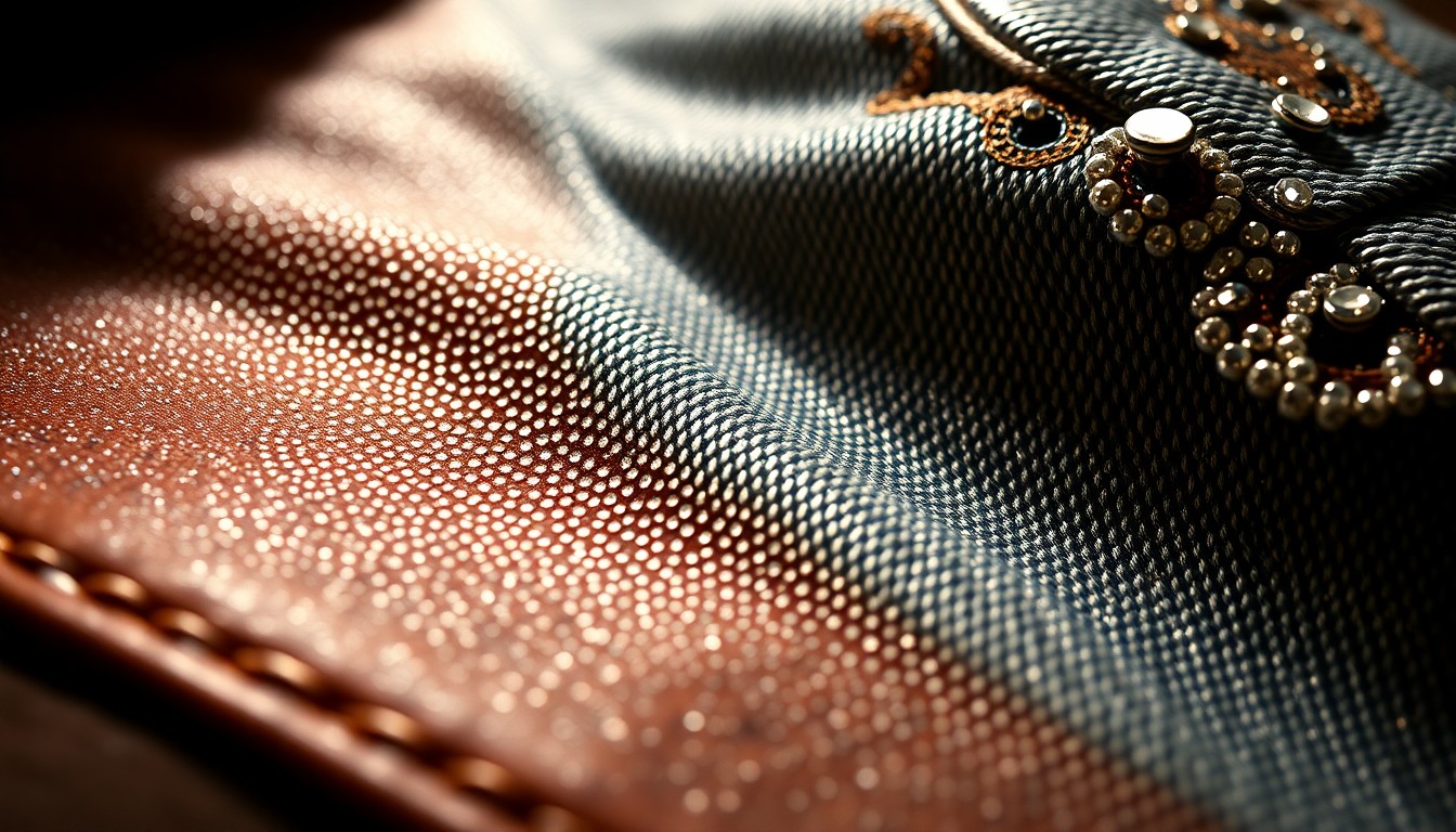 An extreme close-up photograph of shimmering, high-contrast textures like weathered leather, distressed denim, and glittering rhinestones, conceptually representing the blend of traditional country and modern pop in Hudson Westbrook's new single 'Hey Dallas'.