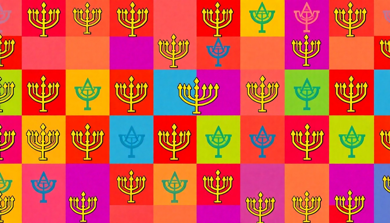 A brightly colored, high-contrast silkscreen print of a Chabad menorah icon repeated in a tight grid pattern, capturing the celebratory energy and iconic imagery of the Chabad movement.