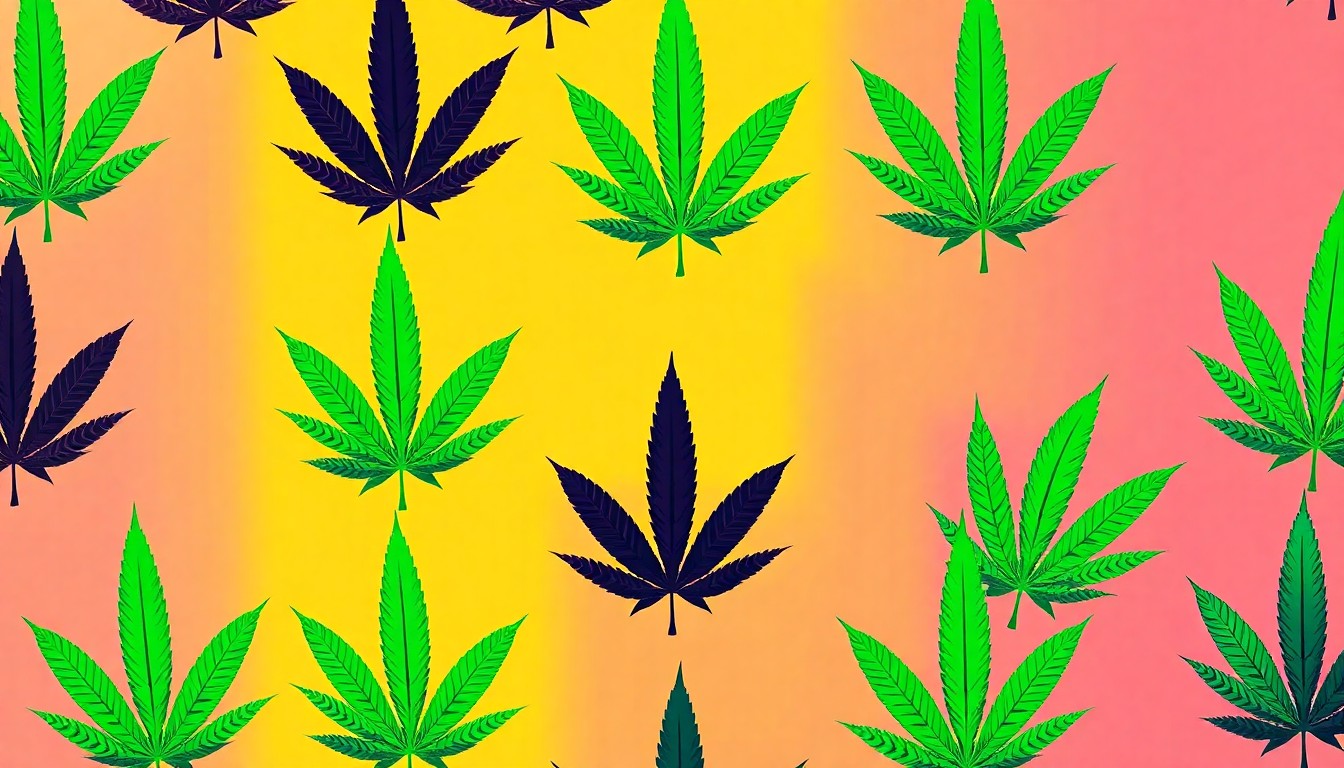 A bold, colorful silkscreen-style illustration featuring a repeating pattern of a stylized marijuana leaf icon in vibrant neon hues, capturing the celebratory spirit of the 420 holiday.