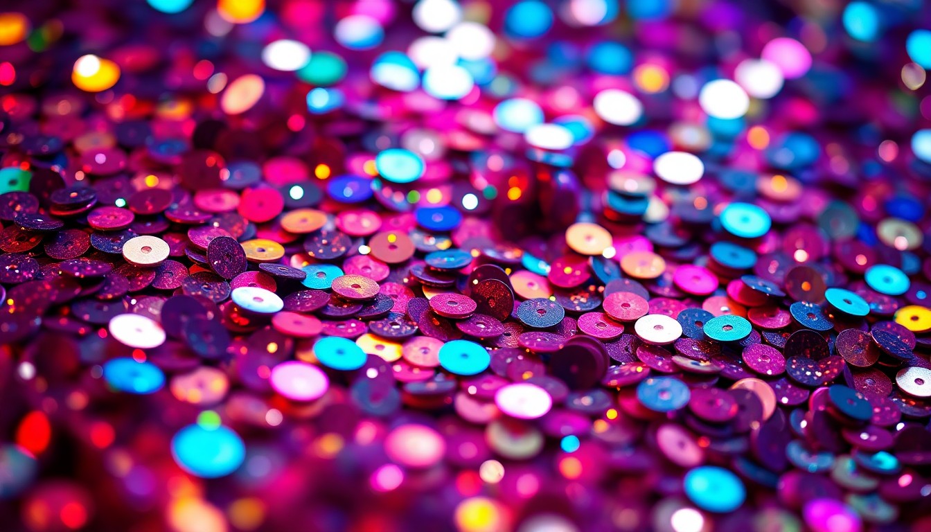 An abstract, high-contrast close-up photograph of shimmering, jewel-toned sequins, creating a visually striking and glamorous editorial illustration.