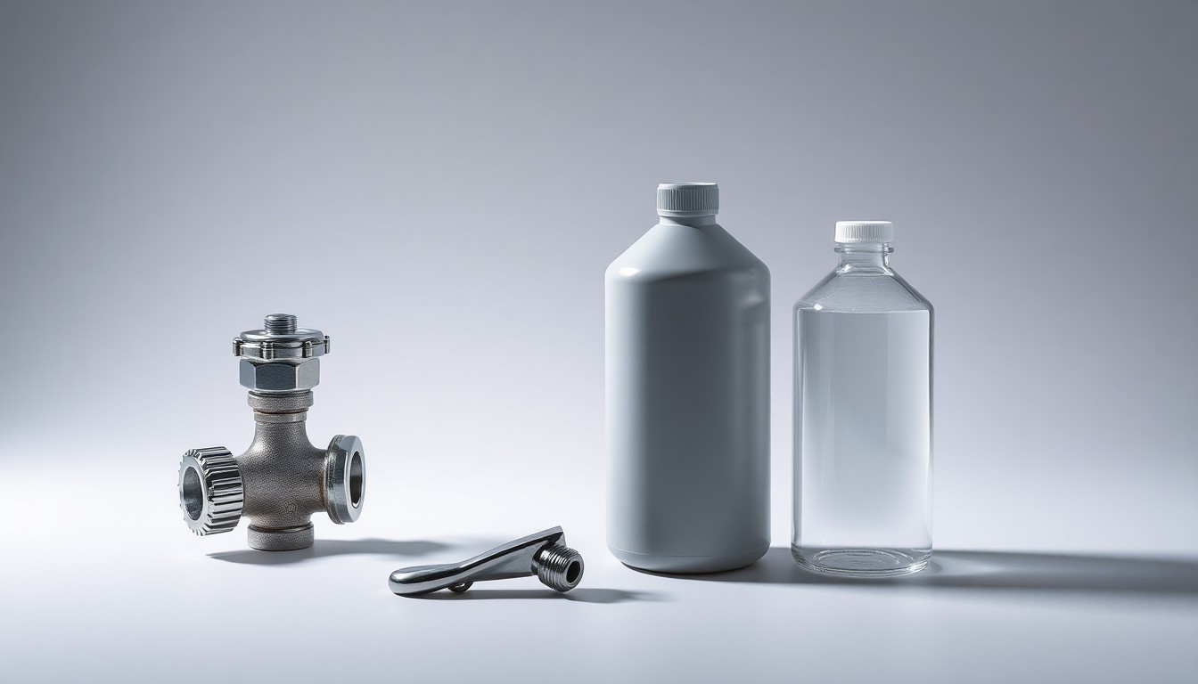 A high-end, photorealistic studio still-life photograph featuring a polished metal pipeline valve, a gleaming chrome fuel nozzle, and a smooth glass fuel canister arranged elegantly on a clean, monochromatic background, conceptually representing energy infrastructure and fuel distribution.
