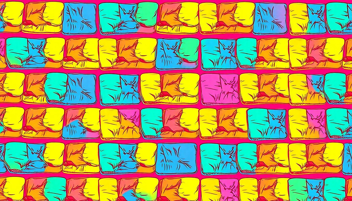 A vibrant, high-contrast silkscreen print depicting a discarded mattress repeated in a grid pattern, using bold neon colors and heavy black outlines to transform an everyday illegal dumping scene into a conceptual pop art illustration.