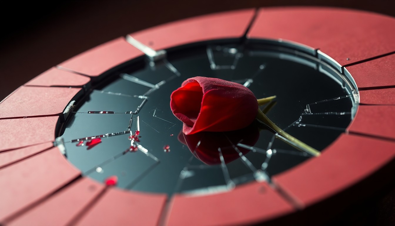 An extreme close-up photograph of a shattered mirror reflecting a single red rose petal, capturing the bittersweet beauty and fragility of heavy metal's most iconic frontman.