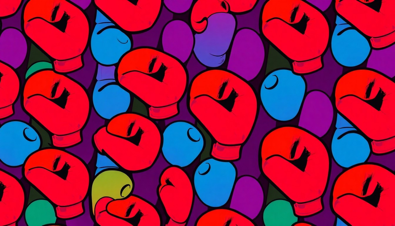 A bold, colorful silkscreen print featuring a repeated image of a boxing glove in a grid pattern, representing the energy and discipline of the Matrix Center's youth boxing program.