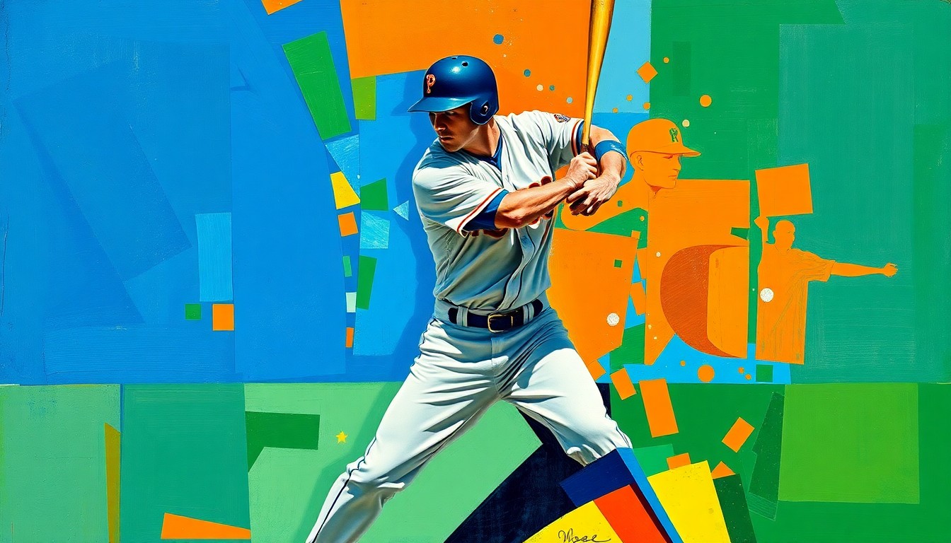 A fragmented, geometric painting depicting a baseball player in motion, with sharp planes of color and overlapping perspectives conveying the dynamism of the sport.