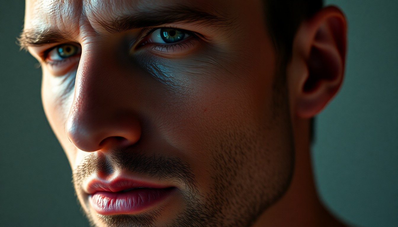 An extreme close-up photograph of Adam Levine's freshly shaven face, capturing the smooth, high-contrast texture of his skin under dramatic studio lighting, creating a glamorous, high-fashion aesthetic.