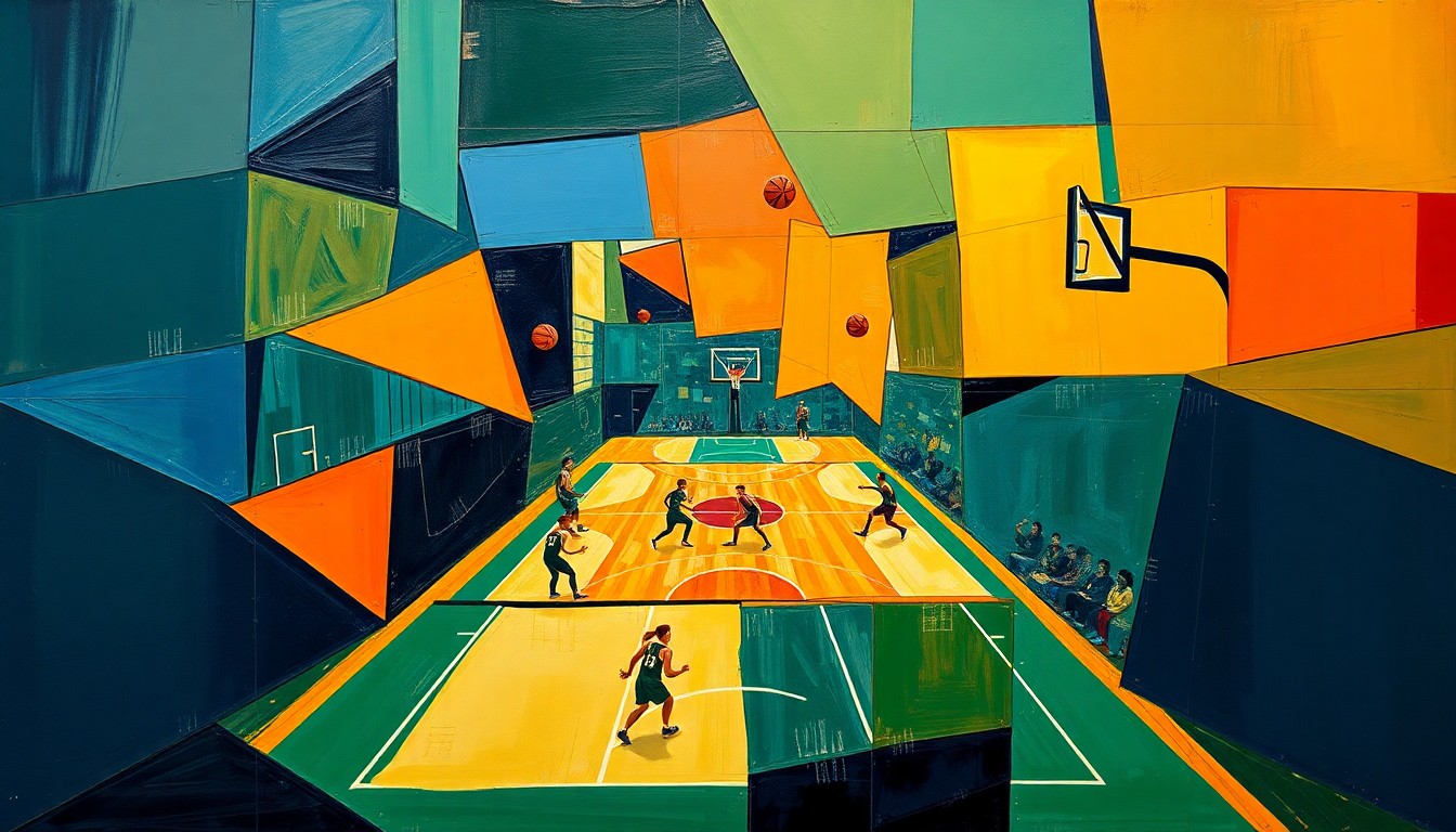 A cubist-style painting featuring fragmented, geometric shapes in navy, green, and orange hues, conceptually representing the complex process of rebuilding an NBA franchise's front office.