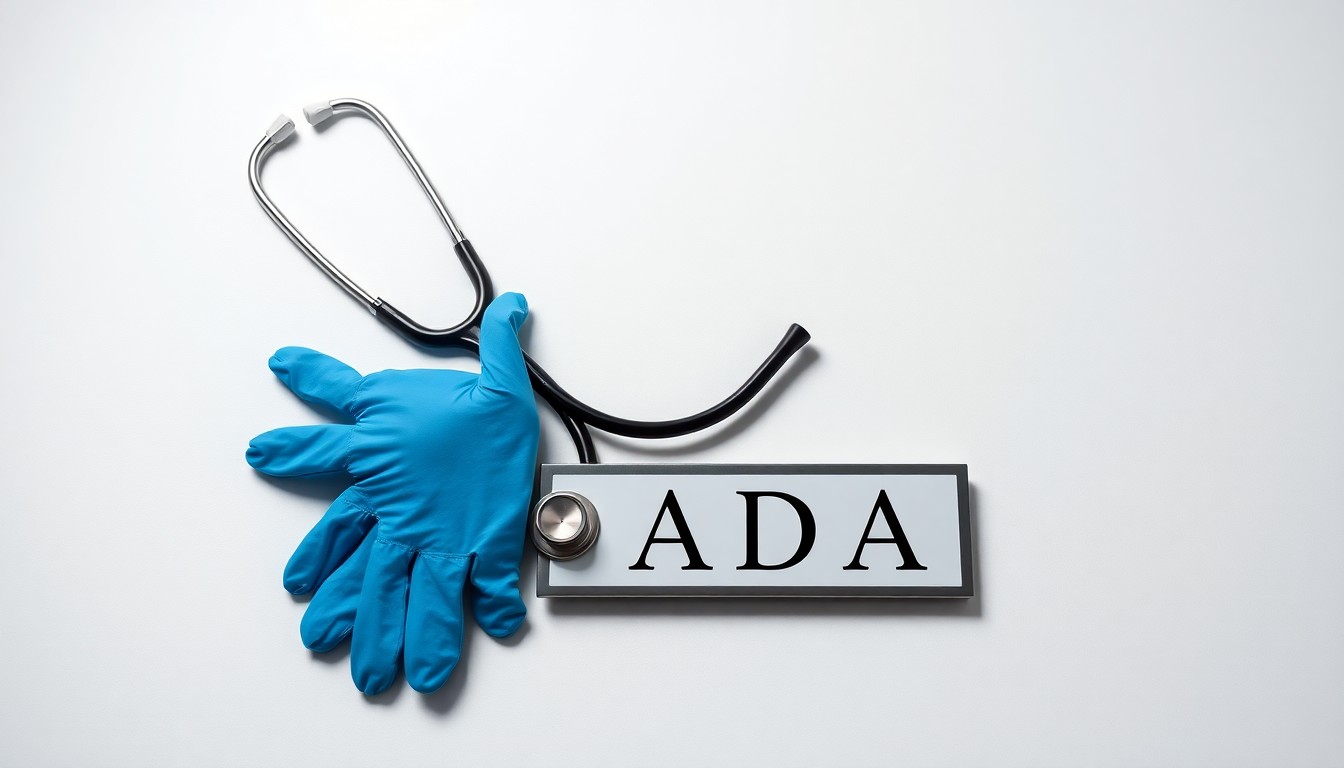 A photorealistic studio still-life featuring a stethoscope, medical gloves, and an 'ADA' nameplate arranged elegantly on a clean, monochromatic background, symbolizing the abstract concepts of disability rights and workplace discrimination.