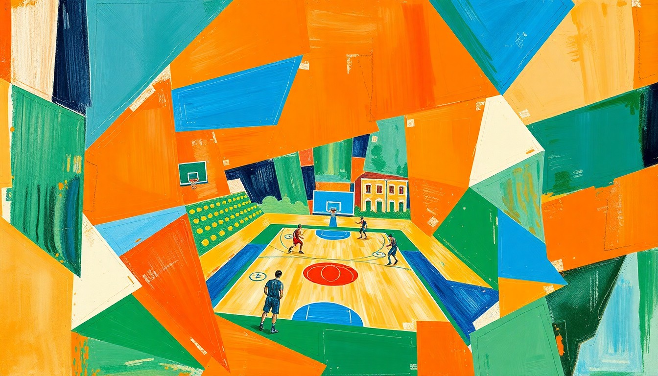 A fragmented, cubist-style painting depicting a basketball game, with sharp geometric shapes and planes of vibrant colors like orange, blue, and green, conveying the analytical and strategic nature of the player prop picks.