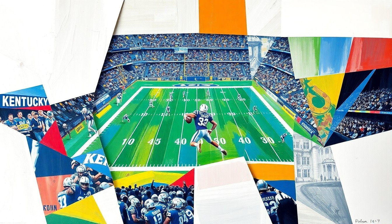 A cubist, geometric painting depicting a fragmented, abstract view of a Kentucky football game, with players and the field broken down into sharp, overlapping shapes in vibrant colors.