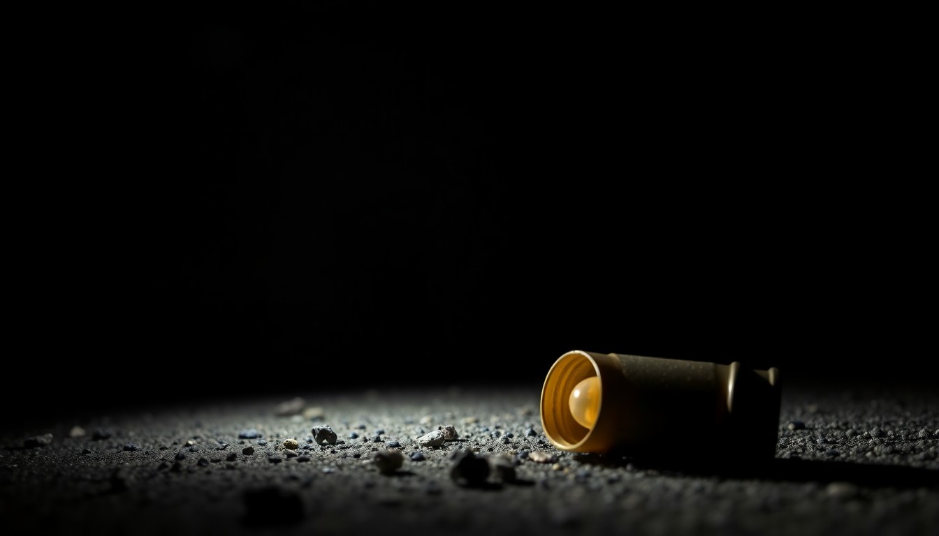 An extreme close-up photograph of a spent shell casing on the ground, lit by a harsh, direct camera flash against a pitch-black background, conceptually illustrating the aftermath of a shooting incident.