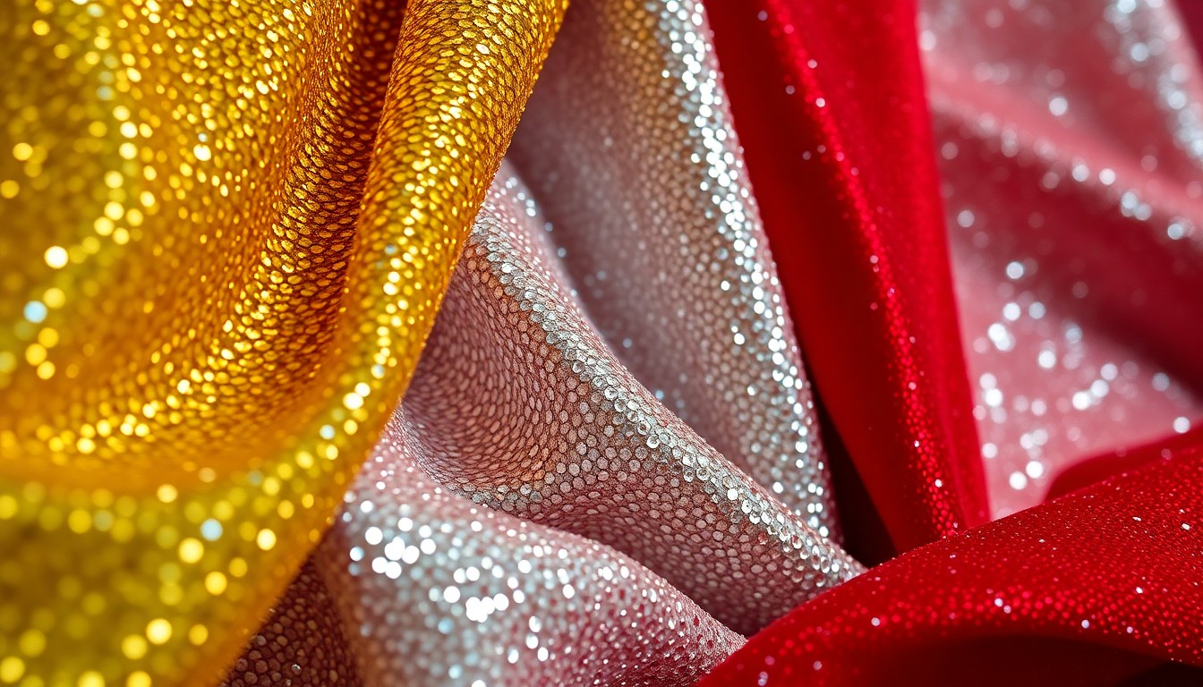 An extreme close-up photograph showcasing the intricate, glittering textures of luxurious fabrics in rich, jewel-toned colors, conceptually representing the glamour and creativity behind Gwyneth Paltrow's fashion endeavors.