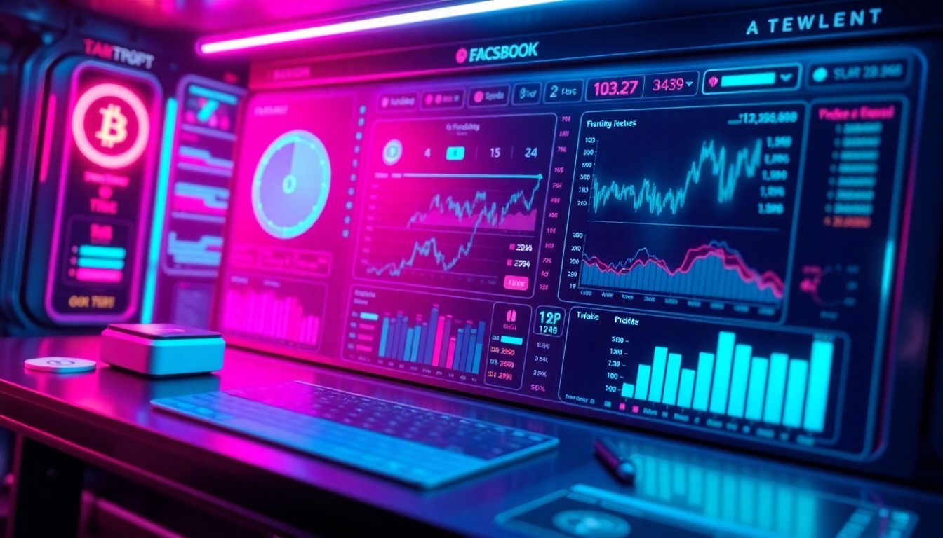 A highly detailed, glowing 3D illustration of a futuristic cryptocurrency trading dashboard, with neon cyan and magenta lights illuminating the various digital elements. The dashboard features recognizable crypto trading interface components like charts, order books, and transaction histories, all rendered in a sleek, high-tech style.