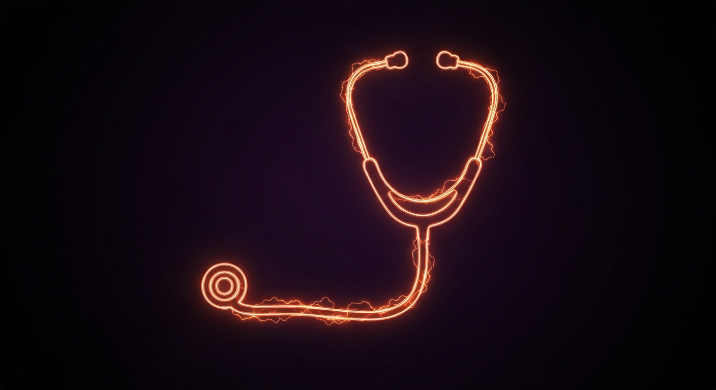 A glowing neon outline of a nurse's stethoscope against a dark background, conceptually representing the urgent need for healthcare workers to advocate for better conditions.