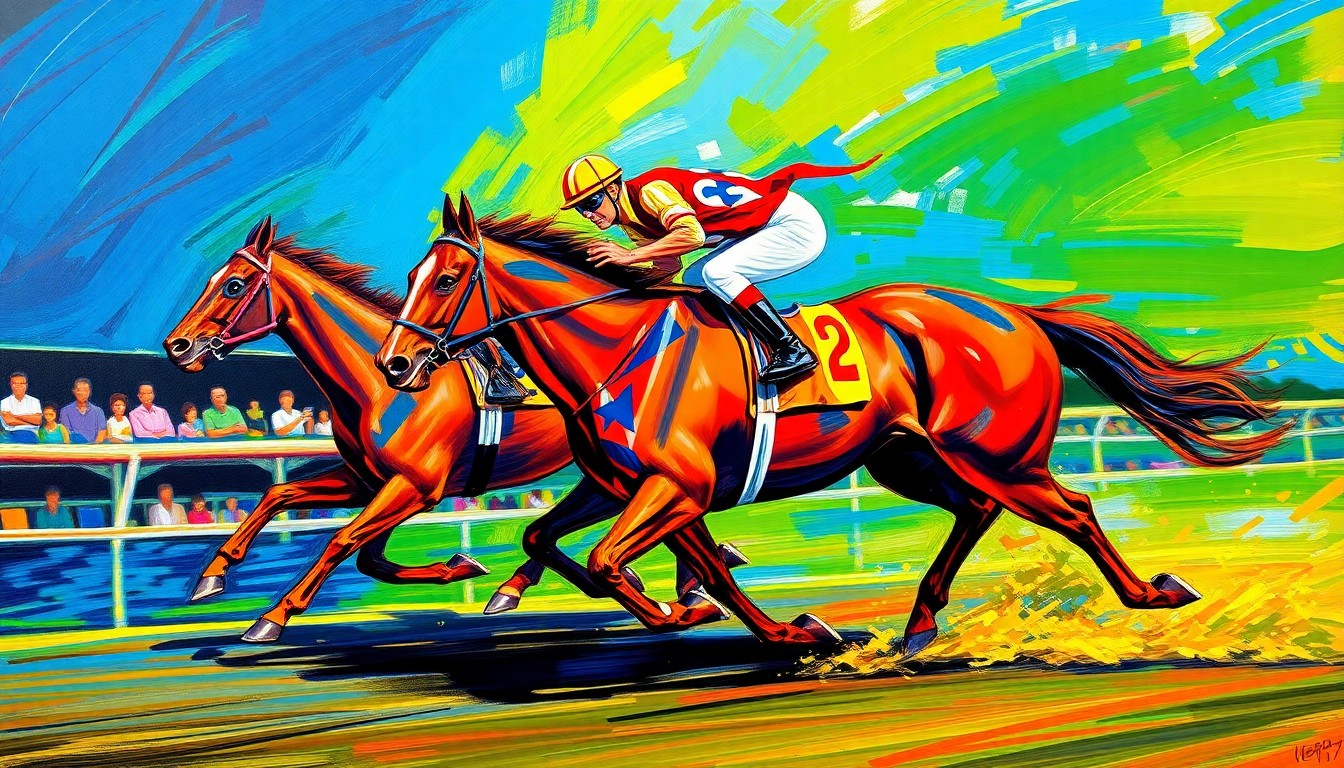 A vibrant, expressionist painting in neon colors depicting a racehorse and jockey in a blur of motion, capturing the energy and excitement of the upcoming Preakness Stakes.