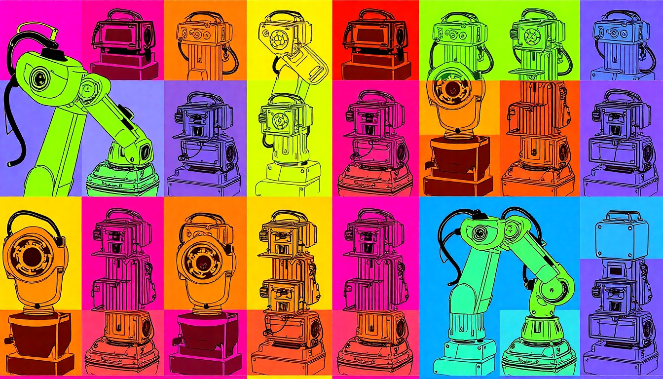 A brightly colored, high-contrast silkscreen print of a robotic arm repeated in a tight grid pattern, conceptually representing the transformative role of automation in modern manufacturing.