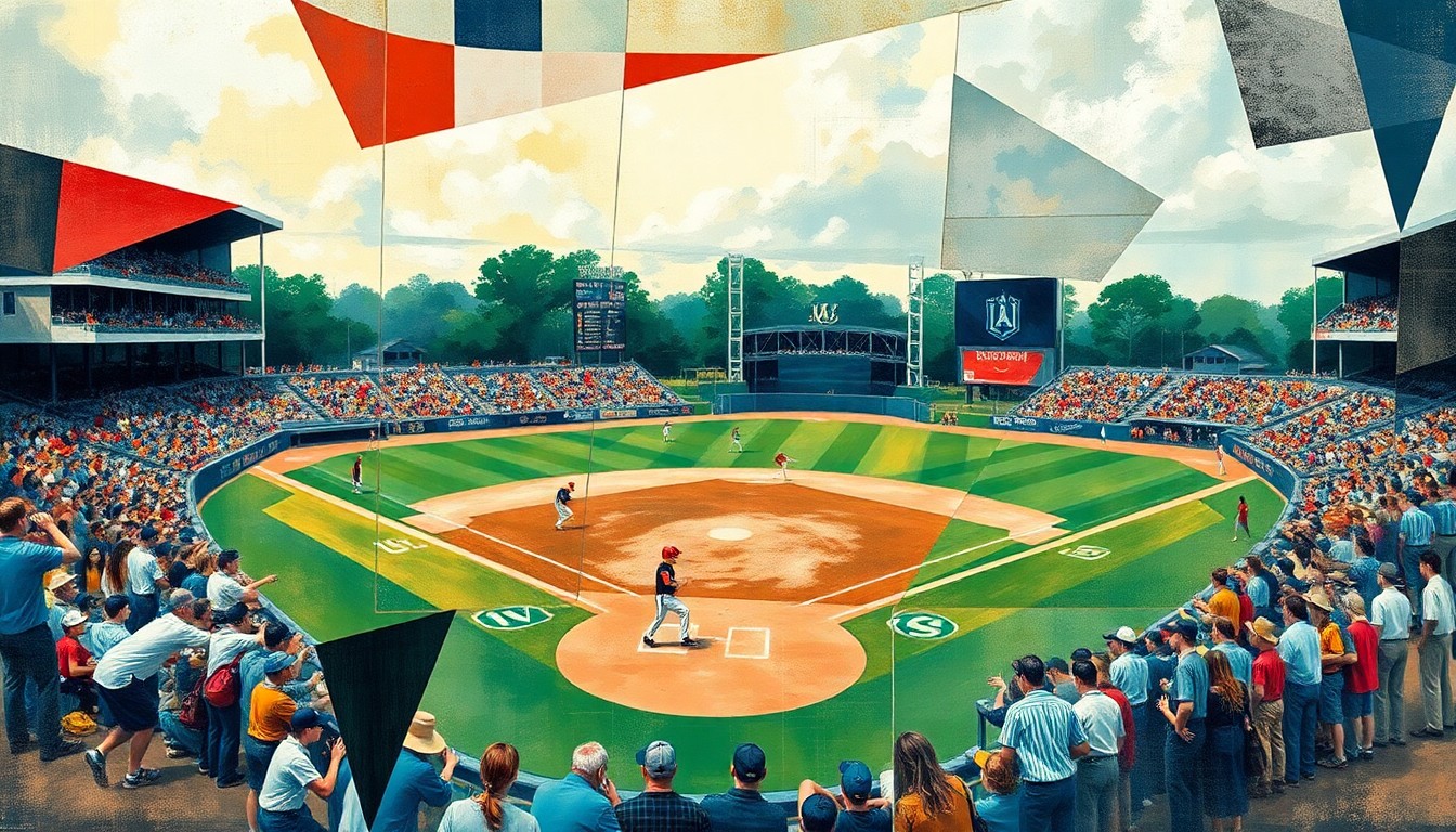 A cubist-style painting featuring fragmented, overlapping geometric shapes and planes of color representing the players, field, and crowd of a high school softball game.