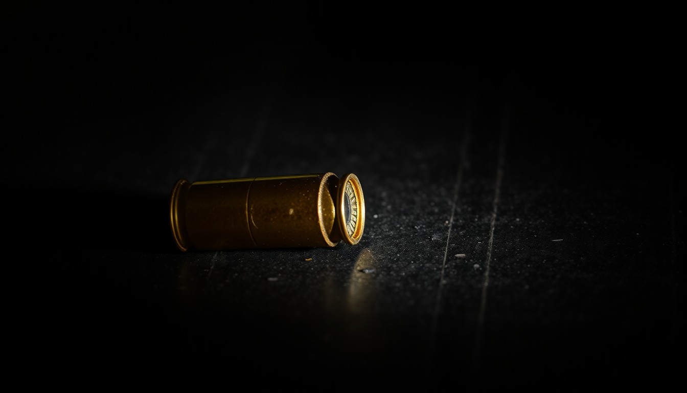 An extreme close-up of a single spent shell casing on a dark, textured surface, conceptually illustrating the aftermath of a shooting incident.