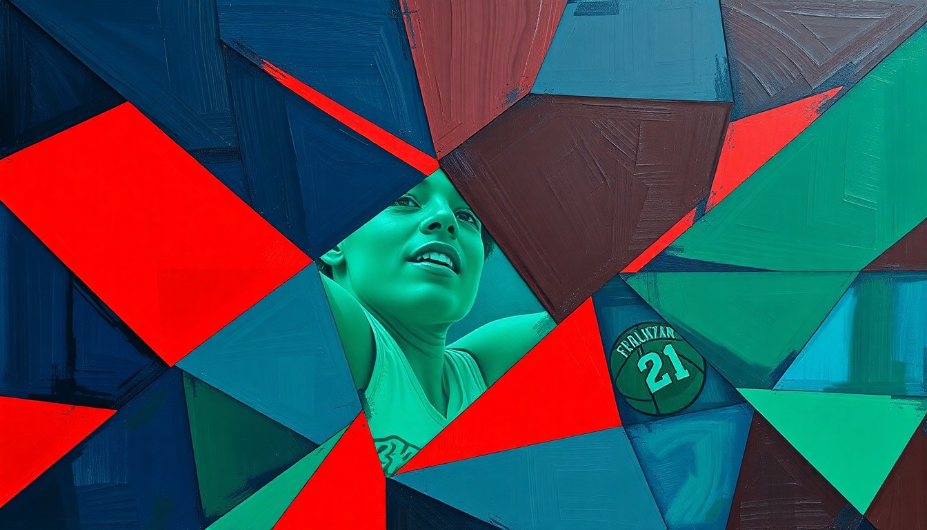 A cubist-style painting featuring overlapping geometric shapes in navy, green, and red, conceptually representing the disruption caused by an injury to a key WNBA player.