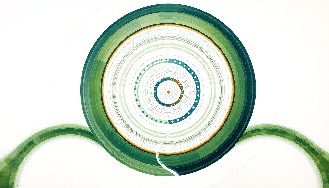 An abstract painting in soft, earthy tones featuring sweeping geometric shapes, concentric circles, and precise botanical spirals, conceptually representing the complex recycling of lithium-ion batteries to recover their essential minerals.