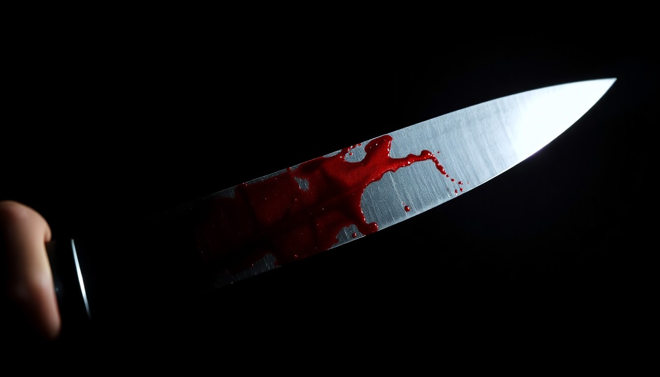 An extreme close-up of a bloodied knife blade, captured in stark contrast against a pitch-black background, conceptually representing the violence of the bus stop stabbing incident.