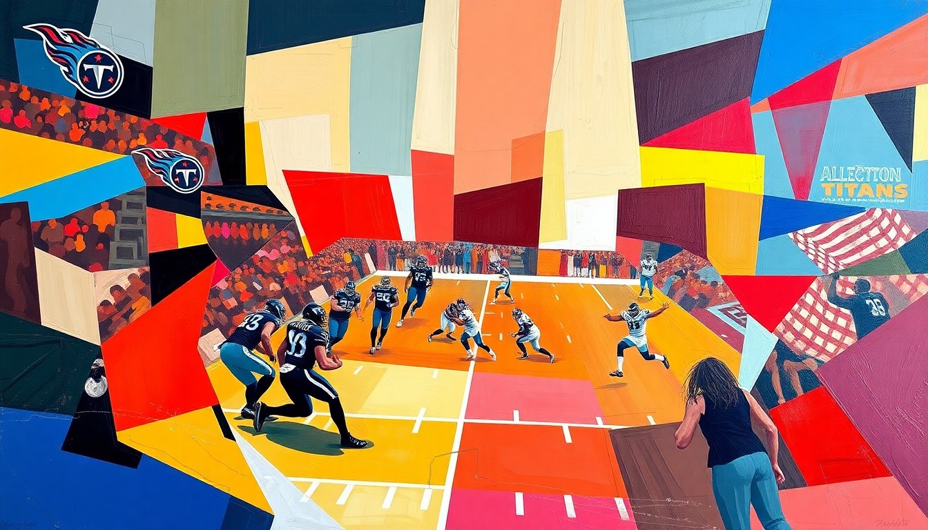 A fragmented, geometric painting in bold Titans colors, capturing the energy and strategy of the team's 2026 NFL Draft plans.
