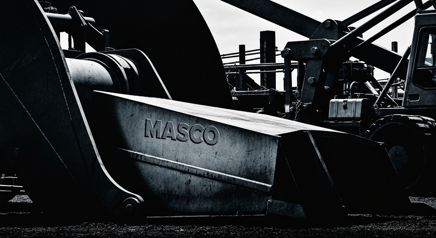 A dramatic, high-contrast close-up of heavy industrial machinery and equipment, conveying the tangible, physical nature of Masco's construction and home improvement business without using any text or identifiable branding.