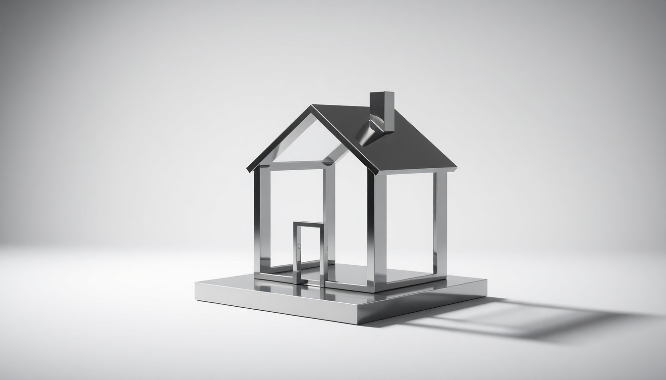 A highly stylized, photorealistic studio photograph of a polished metal sculpture in the shape of a house, resting on a clean, monochromatic background and dramatically lit to convey a sense of abstract corporate strategy and market trends.