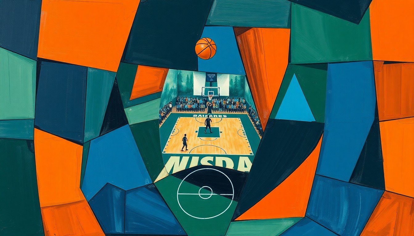 A fractured, multi-perspective painting in bold, geometric shapes and colors, representing the strategic complexity and dynamic energy of a college basketball game.