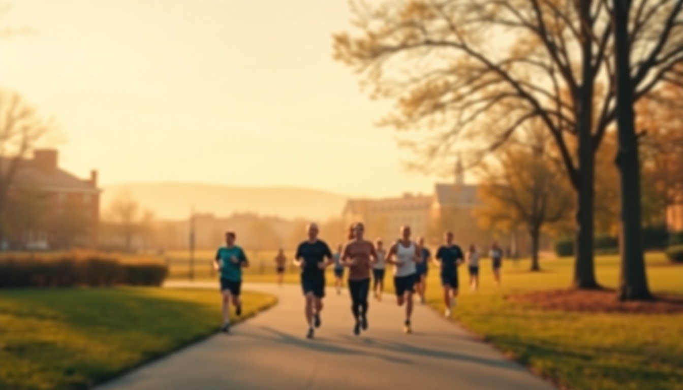 An abstract, out-of-focus photograph in warm, earthy tones depicting the blurred silhouettes of runners and walkers on a scenic campus path, capturing the community spirit and energy of the Reach, Rally & Run event.