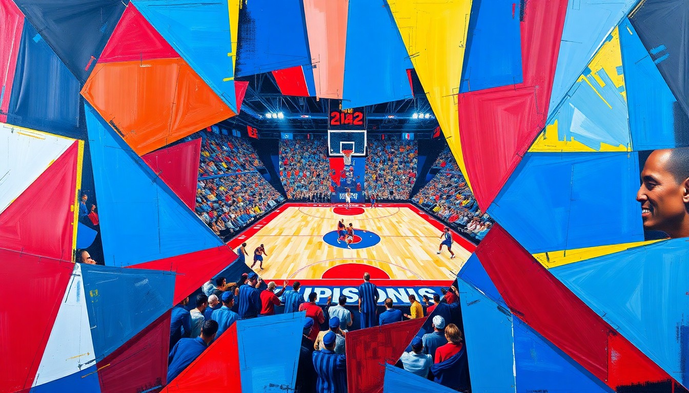 A fractured, cubist-style painting depicting a basketball game, with sharp geometric shapes in vibrant blues, reds, and golds representing the action on the court. The image conveys the intensity and energy of the playoff matchup between the two teams.