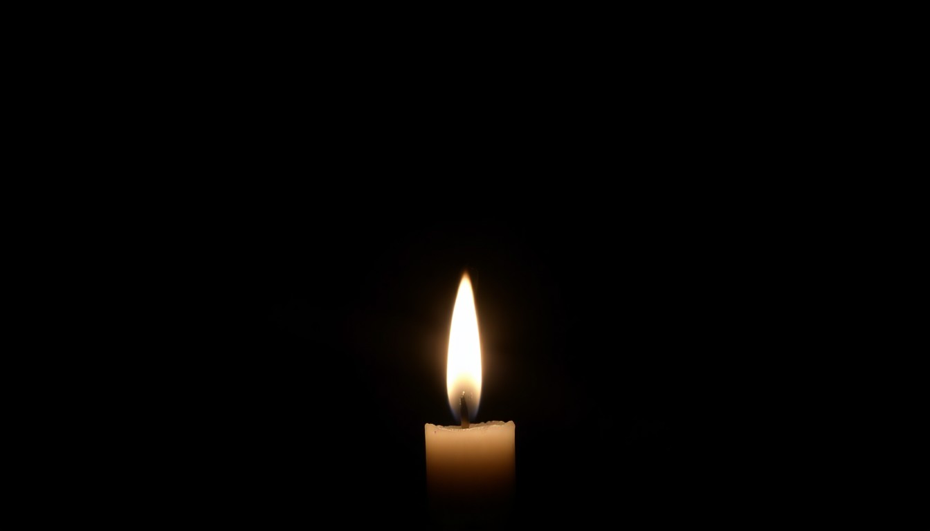 An extreme close-up photograph of a single lit candle against a pitch-black background, the flame casting dramatic shadows and highlights to create a stark, gritty, investigative aesthetic.