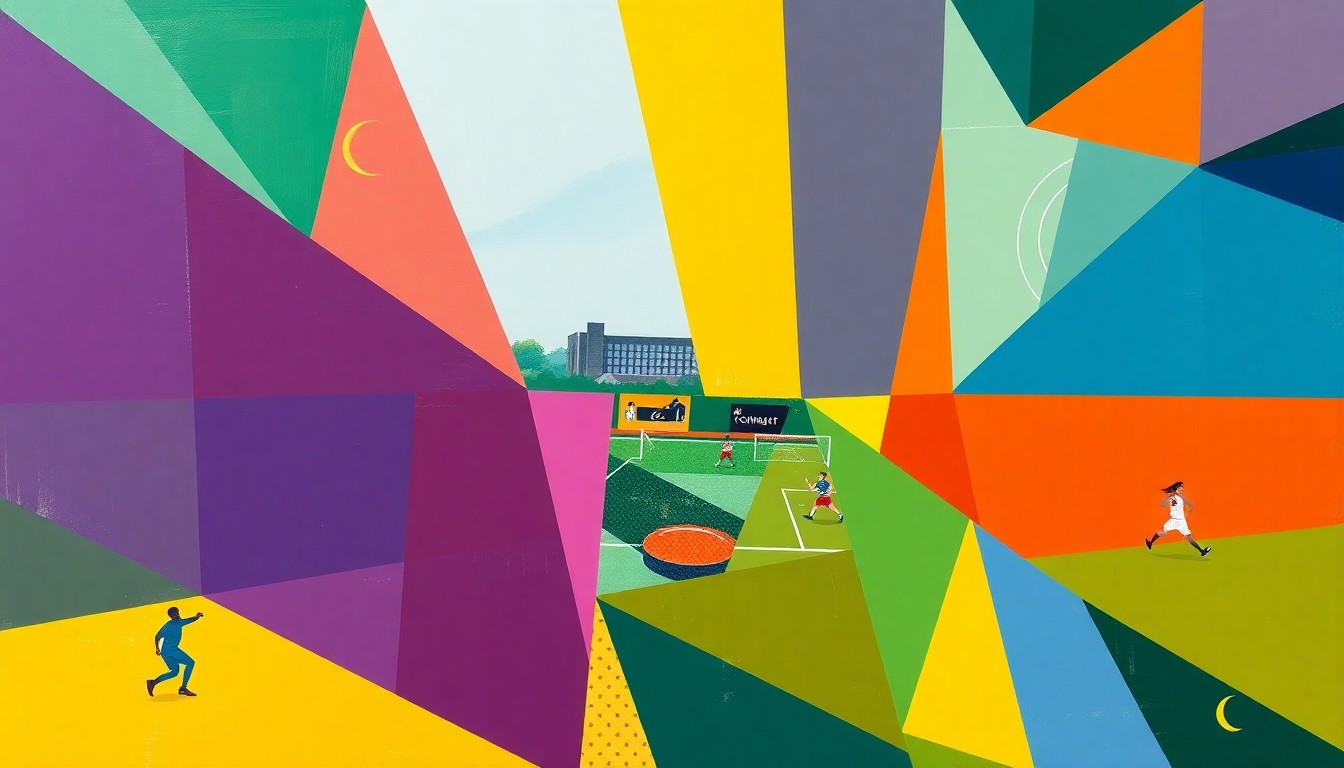 A cubist, geometric painting featuring overlapping planes of color representing various DCG spring sports events and competitions, conceptually illustrating the busy and multifaceted nature of the school's athletic programs.