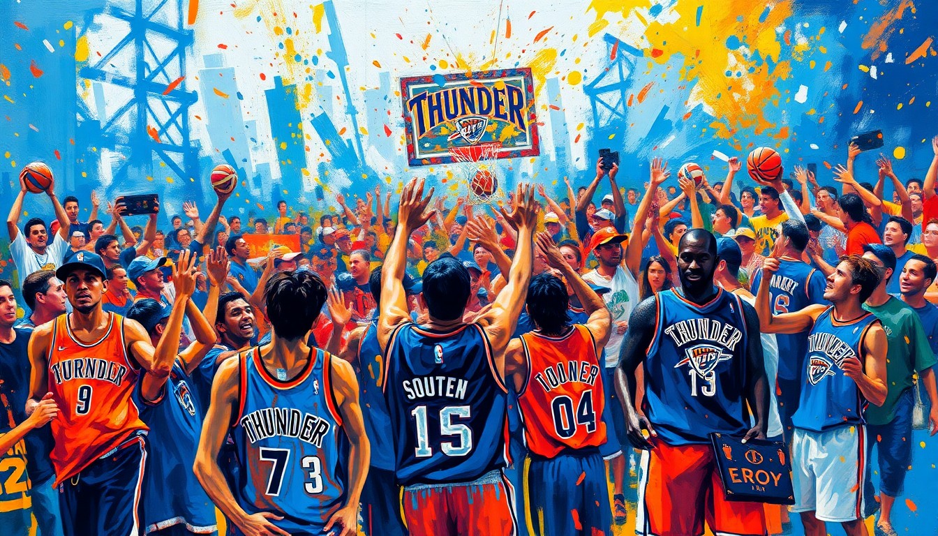 An abstract expressionist painting in vibrant neon colors, capturing the energy and excitement of a crowded outdoor basketball celebration, with indistinct figures in Thunder jerseys and fans cheering in the foreground.
