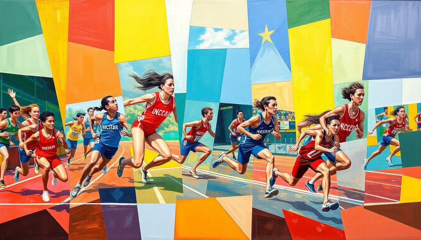 A fractured, geometric painting depicting the dynamic motion of high school track and field athletes, with sharp planes of color representing the various events and teams.