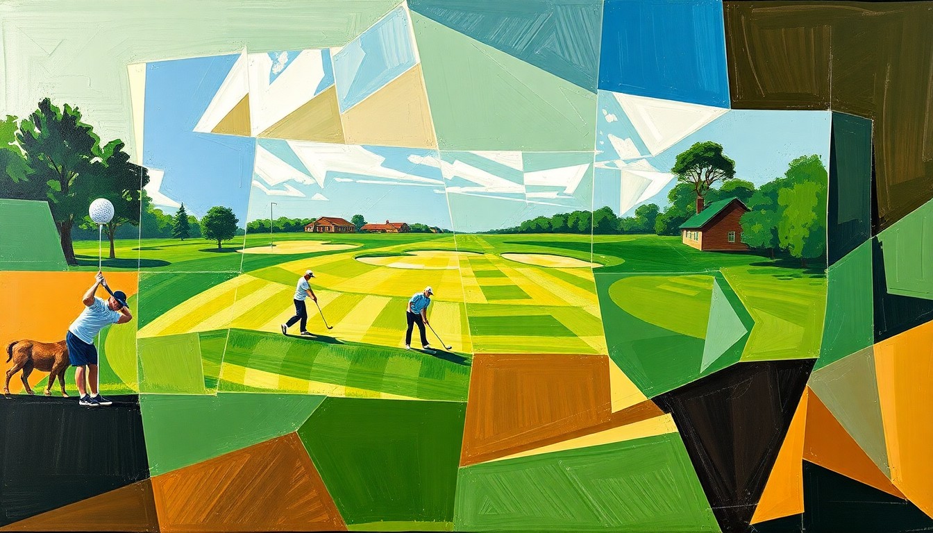 A cubist, geometric painting depicting a high school golf match, with overlapping planes of green, brown, and blue representing the course and players.