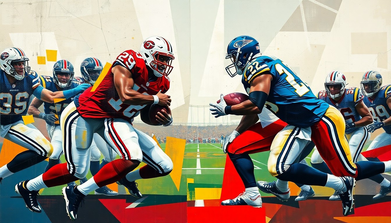 A fragmented, cubist-style painting depicting the angular, geometric shapes of a defensive football play, with the dominant figure of a defensive tackle breaking through the line of scrimmage.