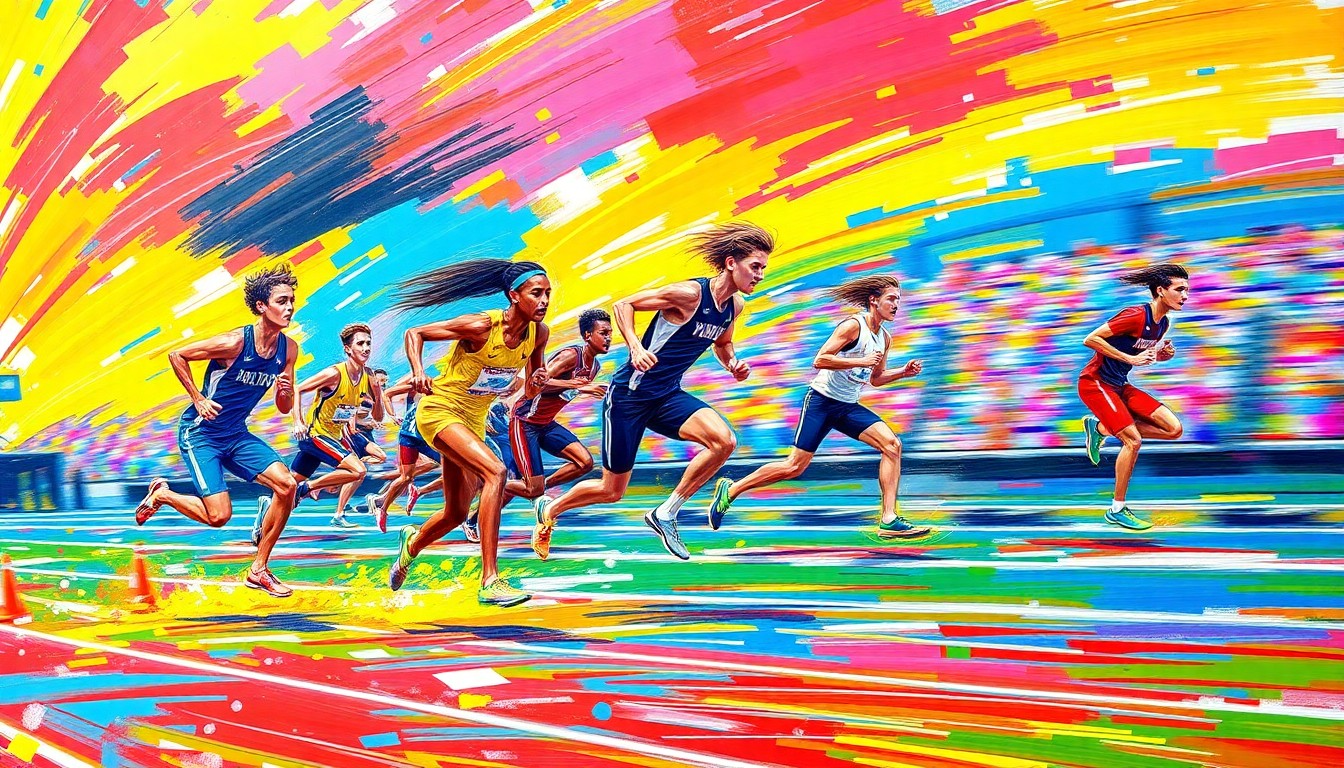 An abstract, expressionist painting using vibrant neon brushstrokes to depict the dynamic motion and energy of high school track and field athletes competing on a track.