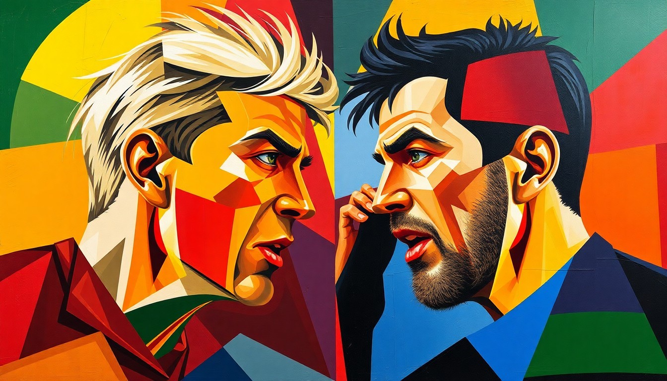 A cubist, geometric painting featuring overlapping planes of bright blue, orange, and green, conceptually representing the intense competition and rivalry between two young NBA stars.