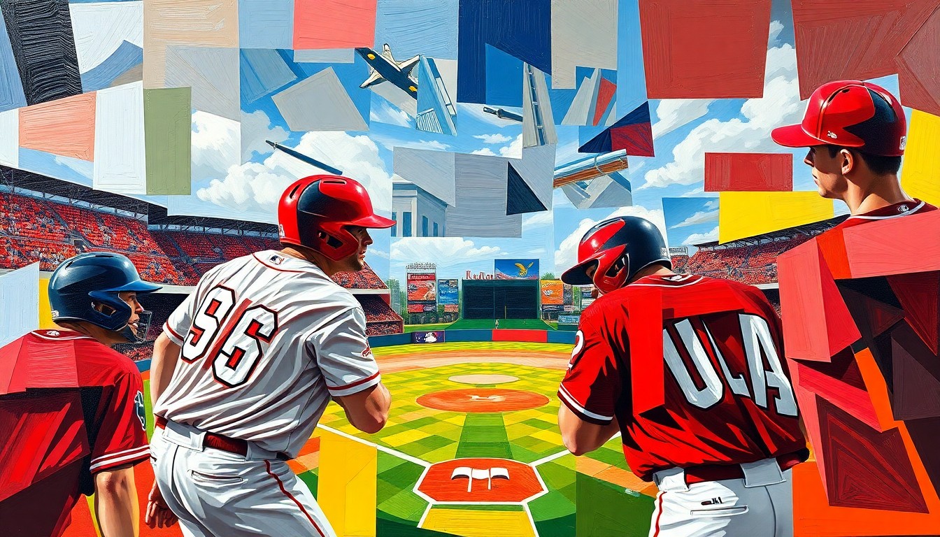 A cubist, geometric painting depicting a baseball game in motion, with sharp, overlapping planes of color representing the players, field, and stadium elements.
