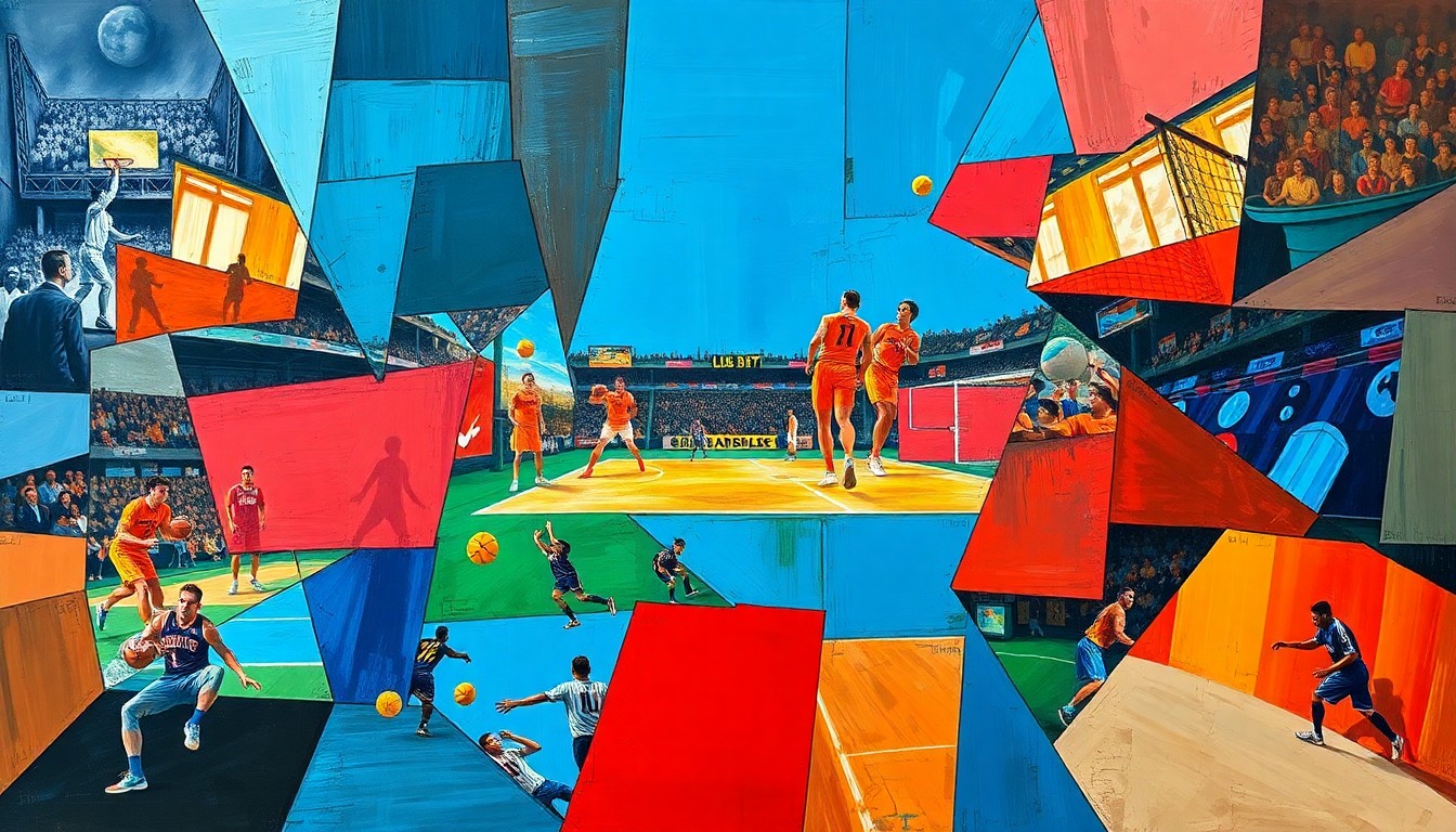 A fragmented, geometric painting in the style of Pablo Picasso, depicting various sports scenes broken down into sharp, overlapping planes of color, conveying the intensity and movement of the games.