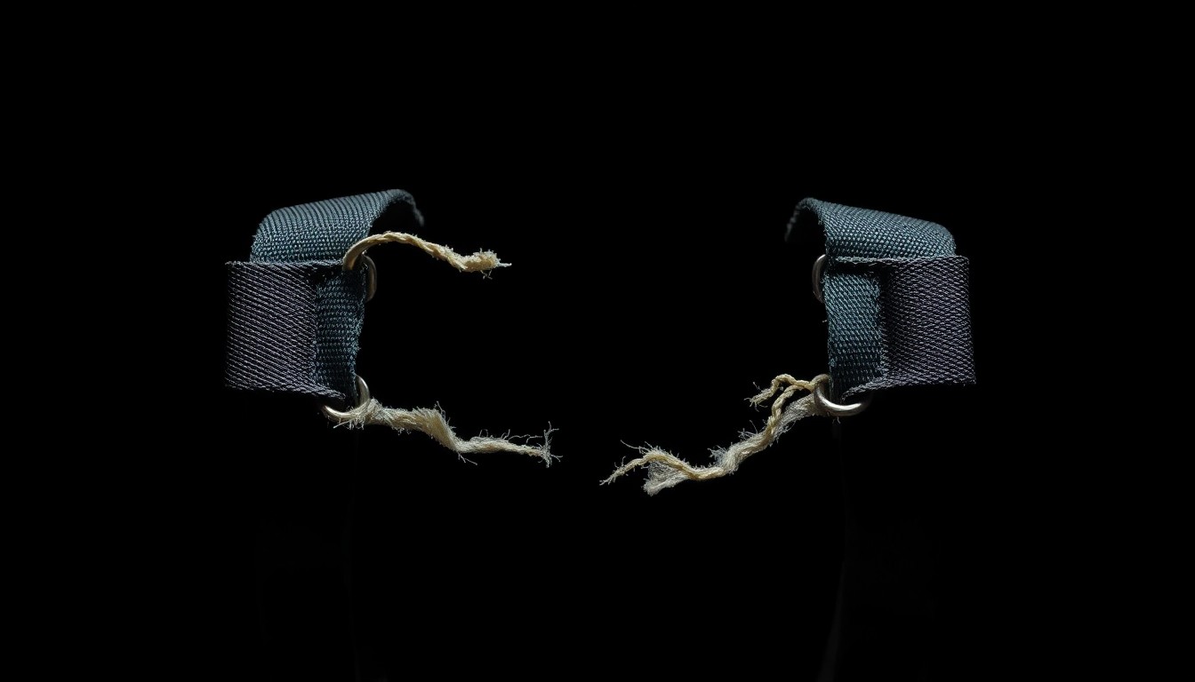 An extreme close-up photograph of a ripped, tattered backpack strap against a pitch-black background, conceptually representing the aftermath of a theft incident.