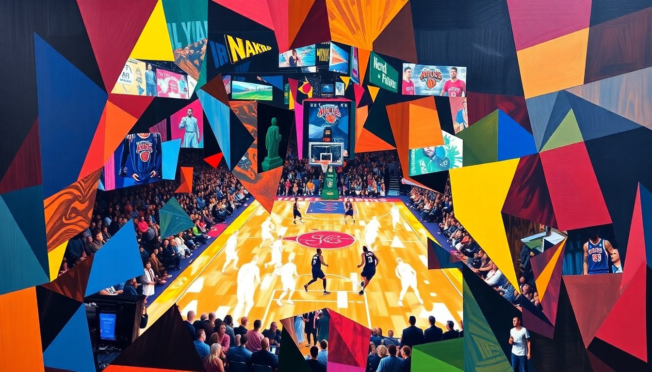 A cubist, geometric painting depicting the intense action and energy of an NBA playoff basketball game between the New York Knicks and Atlanta Hawks, with sharp, overlapping shapes and planes of bright, vibrant colors.
