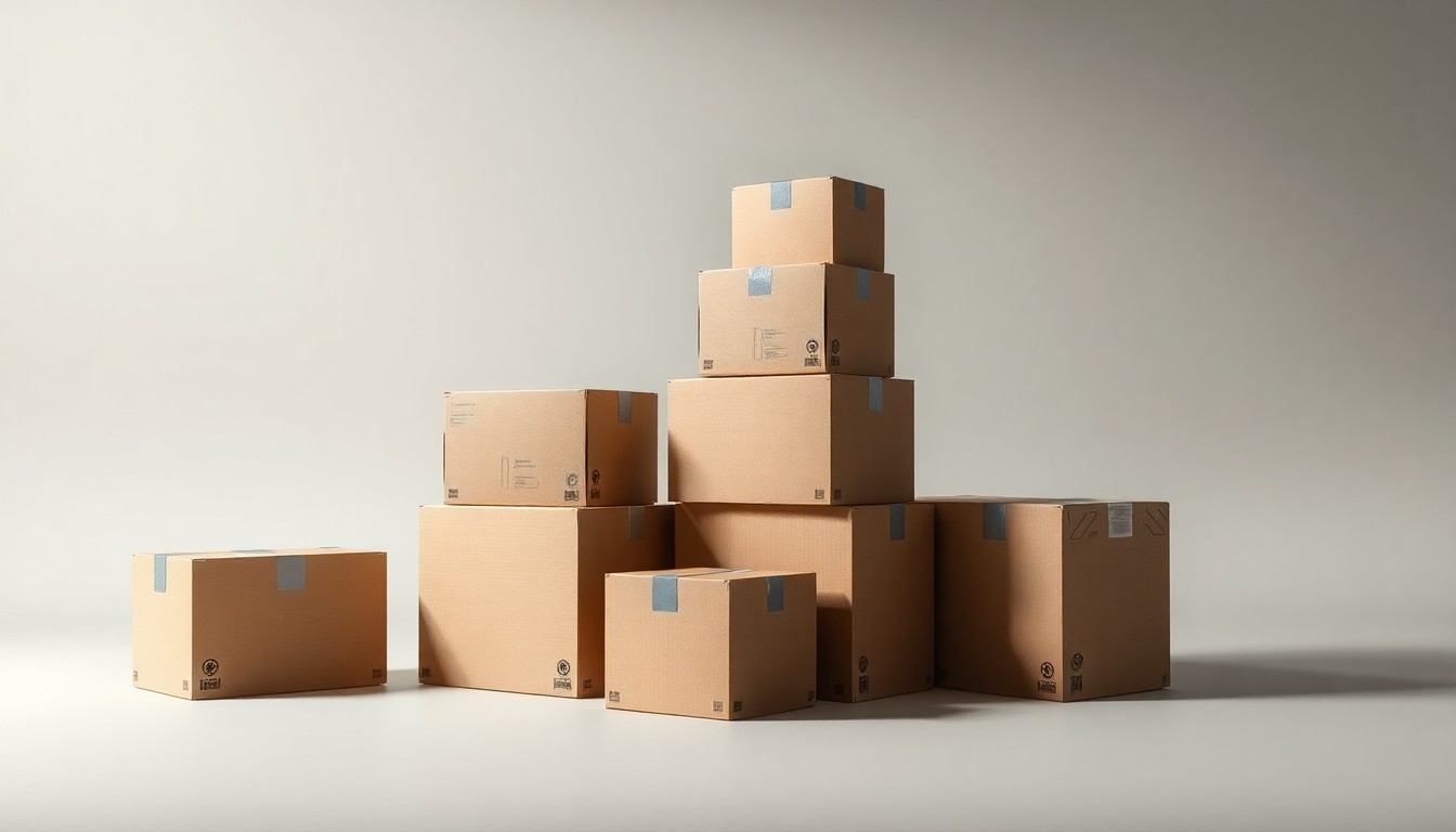 A high-end, photorealistic studio still-life photograph featuring a stack of polished shipping boxes arranged on a clean, monochromatic background, conceptually representing the logistics and efficiency of Saia's regional transportation network.