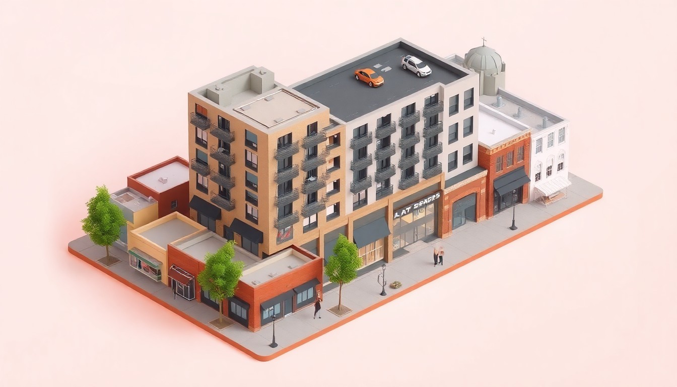 A miniature, stylized 3D illustration depicting a mixed-use building with apartments, retail, and parking, set within a conceptual urban neighborhood, representing the proposed development on Sacramento's R Street corridor.