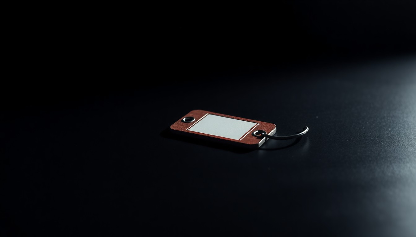 An extreme close-up photograph of a single medical tag or identification bracelet lying on a dark surface, lit by a harsh, direct camera flash, conceptually illustrating the improper disposal of human remains.