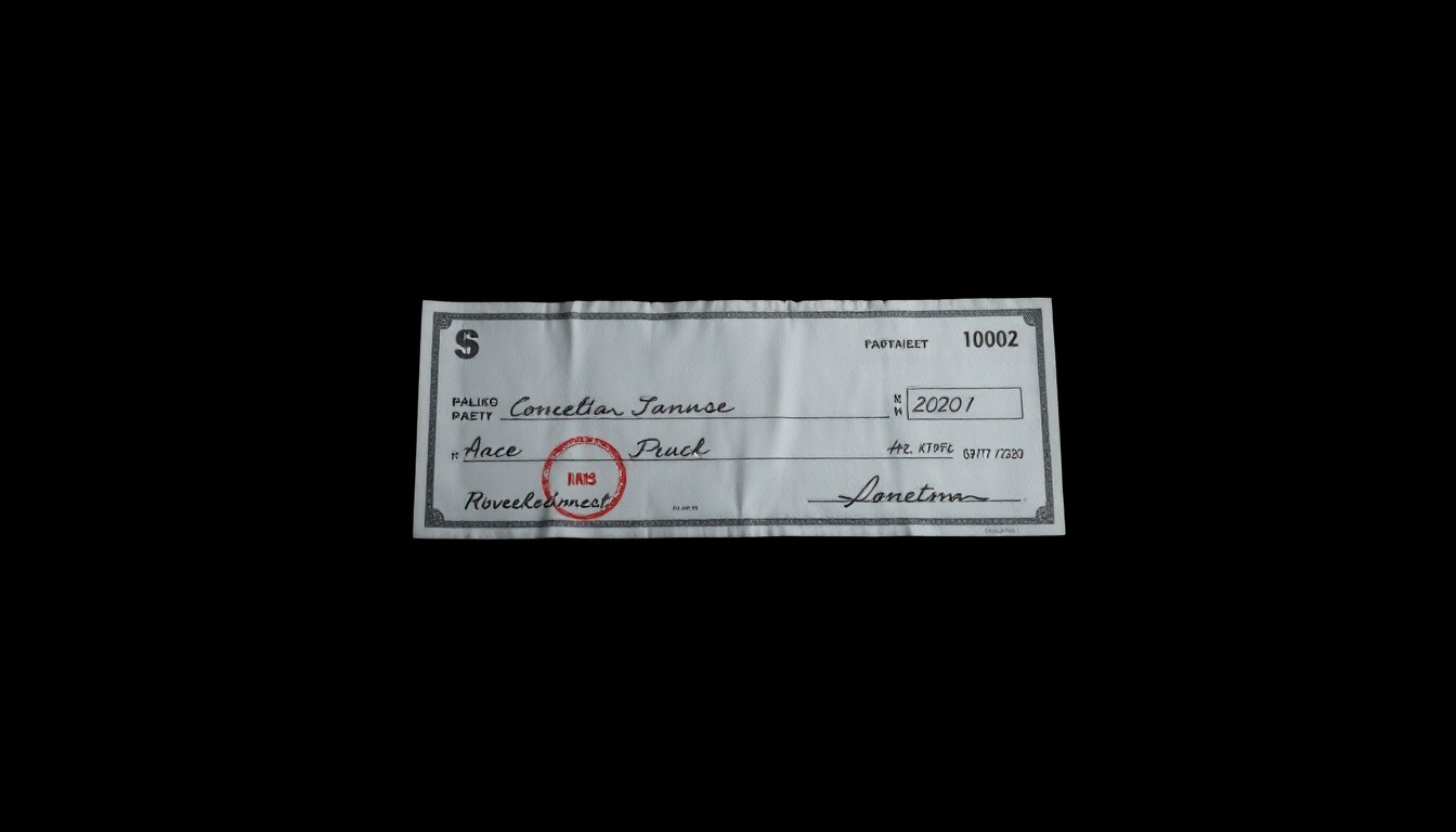 An extreme close-up photograph of a crumpled, partially obscured check against a black background, lit by a harsh flash to create a stark, gritty aesthetic that conceptually represents the investigation into a financial crime targeting a museum.