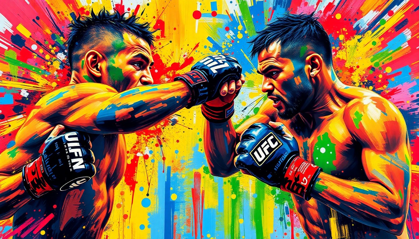 An abstract, expressionist painting in vibrant neon colors depicting the dynamic movements and energy of two UFC fighters engaged in a match, their identities obscured by the bold, sweeping brushstrokes.