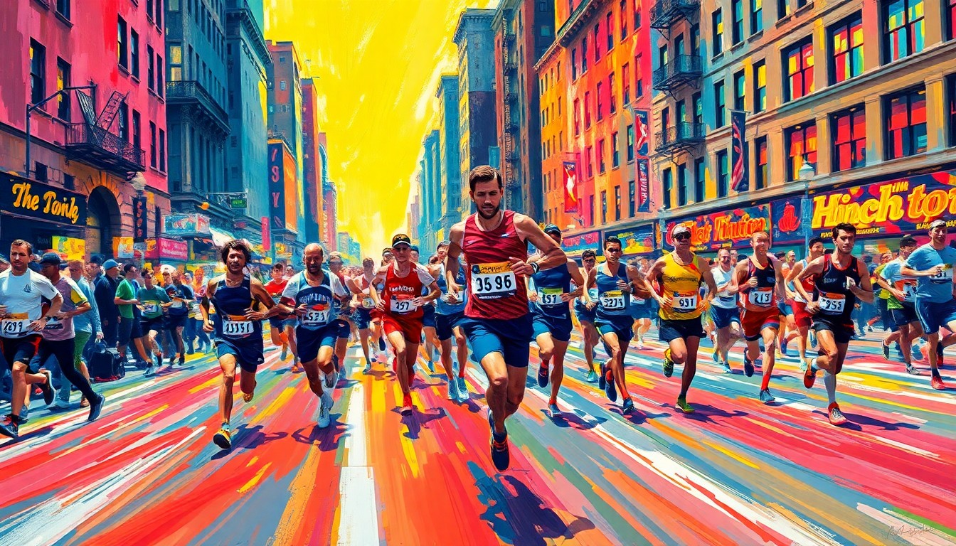 An abstract, energetic painting using vibrant neon brushstrokes to depict the motion and excitement of runners racing through the streets of Boston.