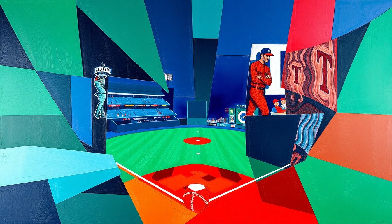 A fragmented, geometric painting depicting a baseball game between the Seattle Mariners and Texas Rangers, with sharp planes of navy, green, and red overlapping to create a dynamic, abstract composition.